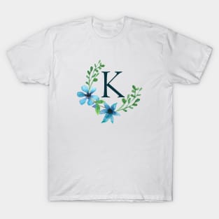 Floral Monogram K Pretty Blue Flowers T-Shirt